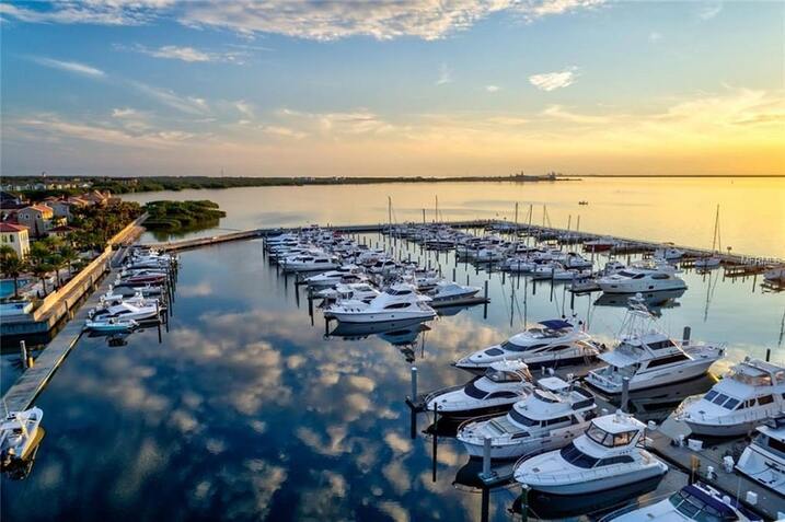 Aerial view of Westshore Yacht Club in Tampa, Florida with five miles of waterfront living