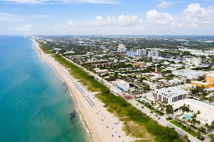 Aerial view of Delray Beach, a charming town with palm trees and art galleries