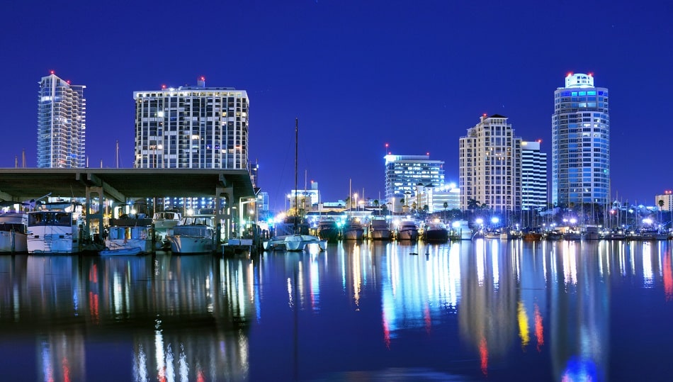 A view of downtown St. Petersburg, Florida, with the Tampa Bay Rays stadium in the background