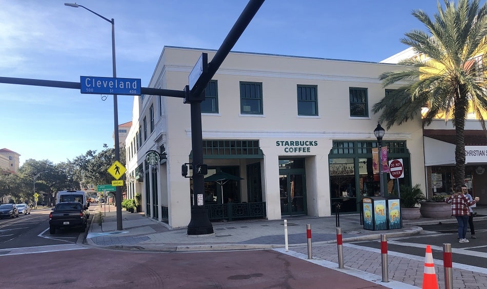 A view of downtown Clearwater, Florida, with its parking solutions, public transportation, and walkability