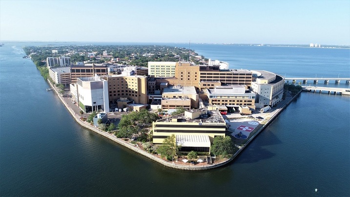 Aerial view of Davis Islands in Tampa Bay, Florida with streets and navigation